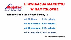 Promocje Budownictwo i ogród w Kraków | Likwidacja Marketu w Namysłowie de Majster | 1.09.2023 - 4.10.2023